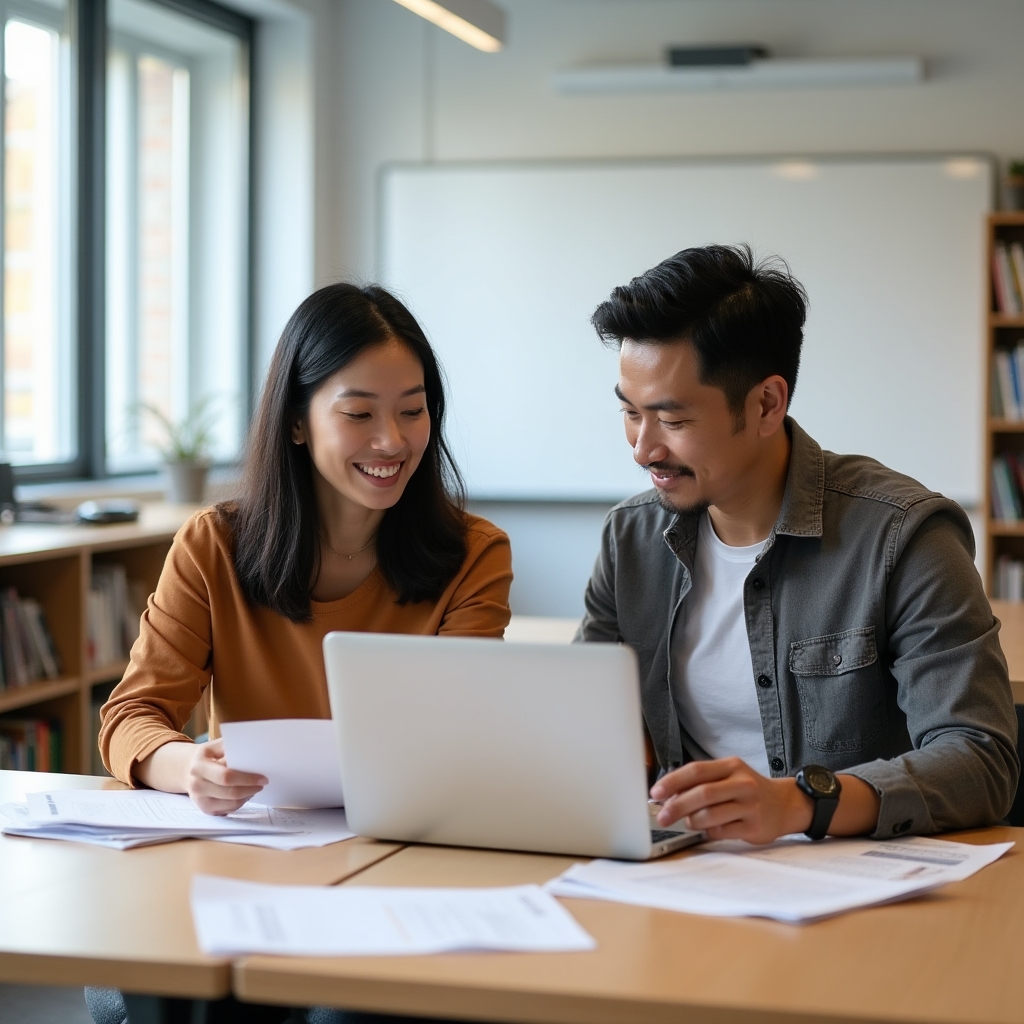Team members discussing educational content in a light-filled study room