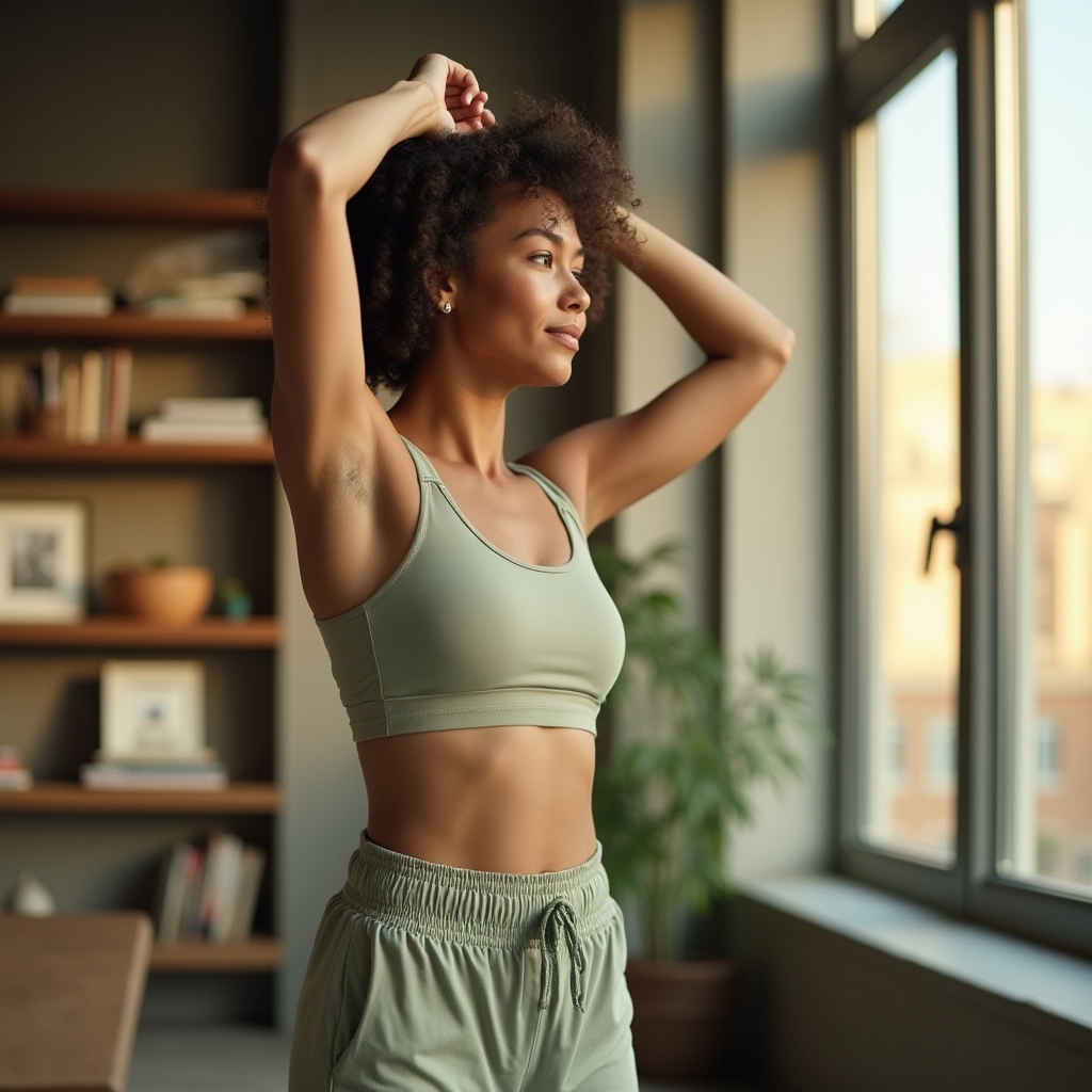 Person in a calm movement practice, soft natural light
