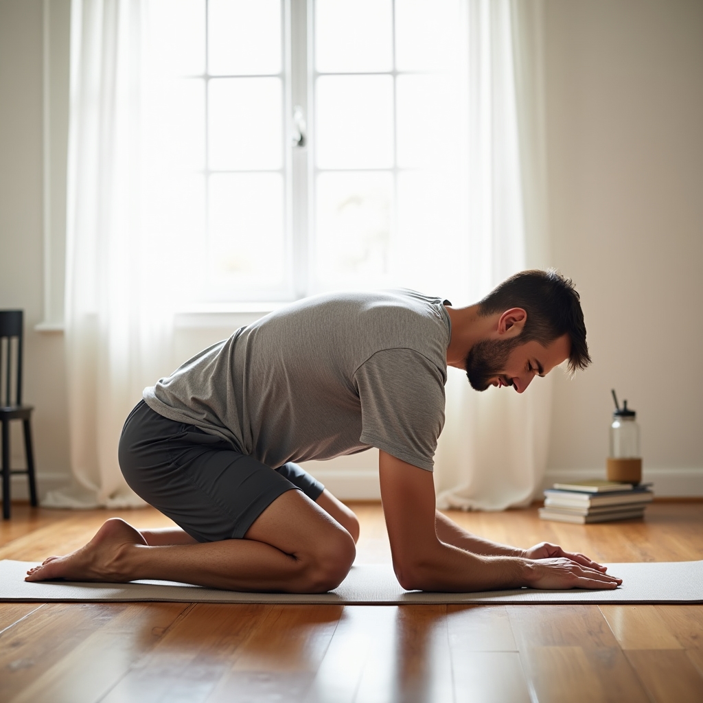Person doing gentle stretching and recovery movement in a calm indoor space